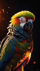 Obraz premium a parrot in clothes made of fire and gold. surrounded by the fiery sun and stars