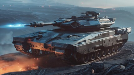 Fototapeta premium Futuristic Tank with Plasma Cannons and Energy Shields overlooking High-Tech Battlefield