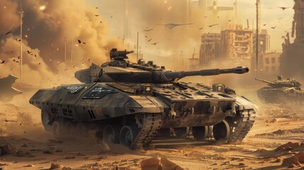 Futuristic Armored Tank Leading Convoy in Post-Apocalyptic Wasteland with Holographic Displays and Targeting Systems Realistic Photo