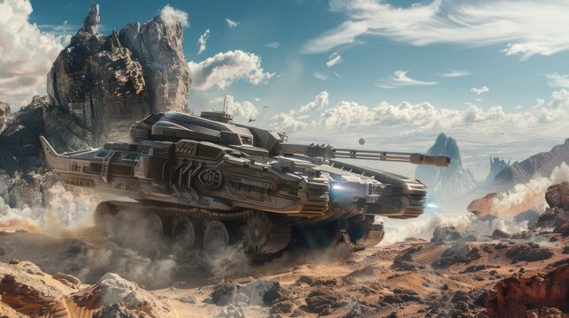 Futuristic Anti-Gravity Tank Patrolling Alien Terrain in Sci-Fi Exploration Concept - Realistic Photo of High-Tech Vehicle with Laser Turrets