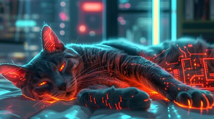 A cybernetic cat with glowing circuitry and sleek design, lounging in a modern room style
