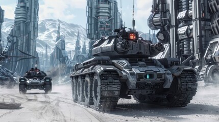 Futuristic Sci-Fi Tank with Advanced Radar and Sensors Patrolling Military Base