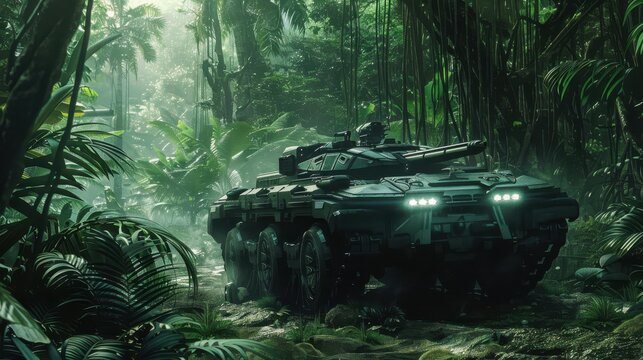 Advanced Futuristic Tank with Adaptive Propulsion System in Alien Jungle Exploration