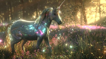 A fantastical unicorn with iridescent mane and tail, standing in a luminous meadow style