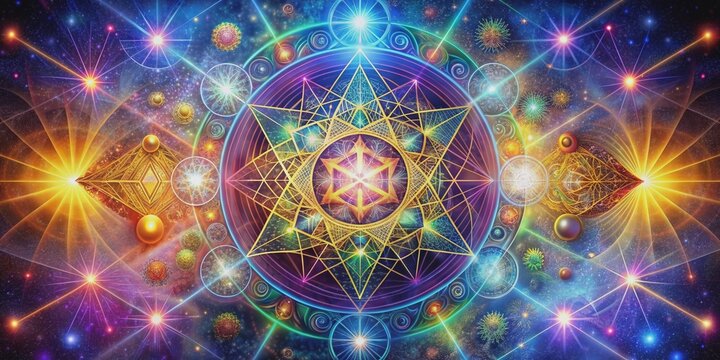 Vibrant, etherealymbols and sacred geometries radiate from a central nexus, bathing the infinite cosmos in an aura of profound wisdom and spiritual illumination.