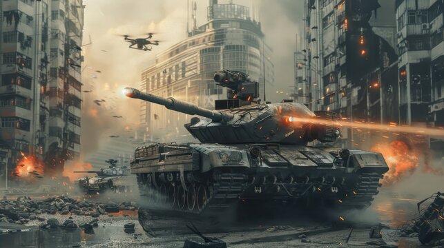 Future War Machine - Sci-Fi Tank with EMP Cannons and Drones Battles in Post-Apocalyptic Cityscape