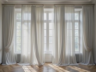 Softly draped white curtains with textured pleats cascade down, filtering natural light, and adding a touch of elegance to a serene, minimalist interior setting.