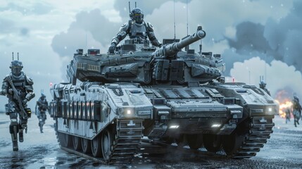 Advanced Military Technology - High-Tech Tank Commanding Robotic Infantry on Recon Mission