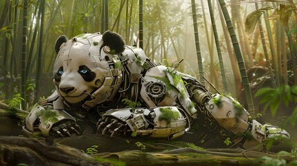 A robotic panda with intricate mechanical details, lounging in a high-tech bamboo forest style