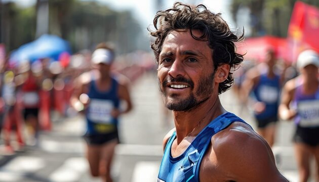 Marathon Runner Smiles at Spectator Area.