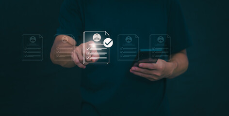 Male hand pointing at symbol of guarantee of quality of service Certification concept and standard quality control Standard warranty Documents certified on virtual screen