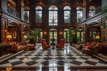 Obraz premium Opulent and Grandeur Marble-Floored Lobby of an Elegant Villa Hotel