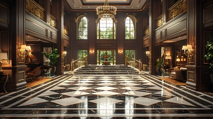 Obraz premium Sumptuous Lobby of Elegant Villa Hotel with Glossy Marble Floors and Stately Wood Paneled Walls