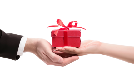 Man Giving Red Gift Box to Woman With Ribbon isolated on white (transparent )  background