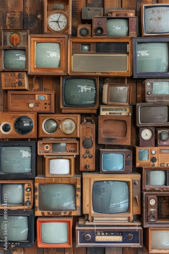 Poster old televisions stacked high, various models and sizes