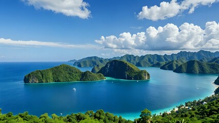 Lush green islands surrounded by a turquoise lagoon with a bright blue sky and fluffy clouds.