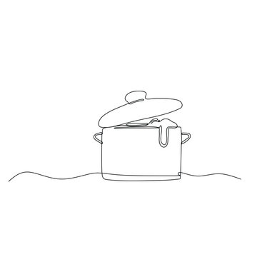 recommend clip art: A pot with its lid slightly ajar and an overflow of food out of it. continuous line drawing for cooking in the kitchen minimalist art style drawing.