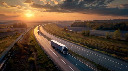 Three trucks driving on the highway in a rural area