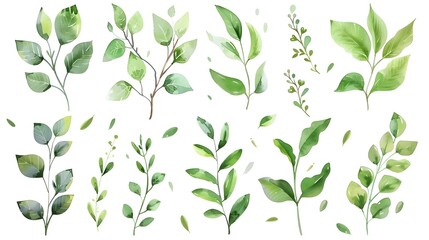 Watercolor floral set of green leaves and branches