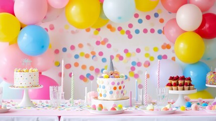 Vibrant party table with colorful balloons, confetti, and a birthday cake