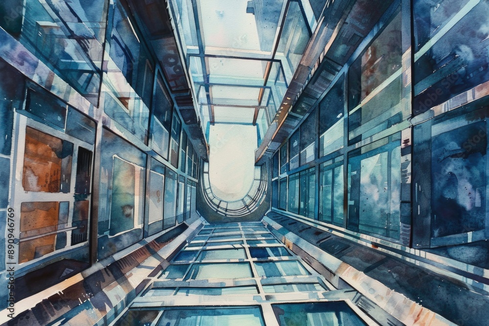 Poster a modern building with transparent glass walls and a sleek design
