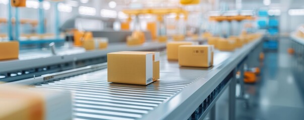 Automated conveyor system in a distribution center with parcels. Efficient logistics and shipping process in a modern fulfillment warehouse.