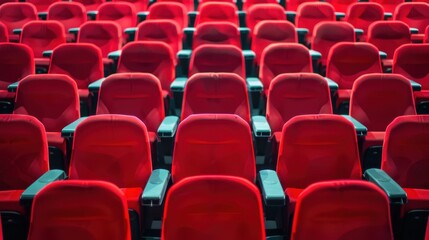 Obraz premium Empty red theater seats arranged in rows, waiting for an audience. Perfect for concepts related to entertainment, performance, and events.