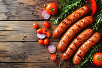 Grilled Sausage Links with Fresh Herbs and Vegetables on Rustic Wooden Background