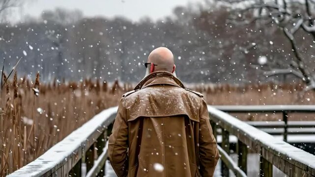 Older Man with bald head and gray beard walks on Cape Cod boardwalk in snow in winter marsh