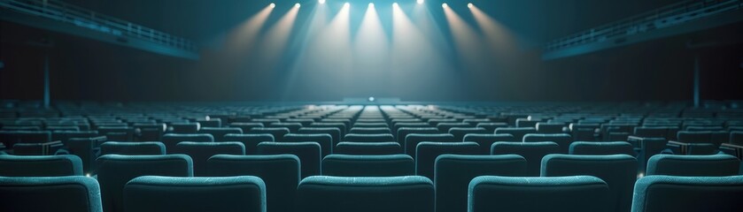 Obraz premium Empty theater with rows of seats, illuminated by stage lights, creating a dramatic and quiet ambiance, perfect for performance and events.