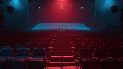 Empty theater hall with red and blue lights, rows of seats and a stage awaiting an audience. Cinematic ambiance.