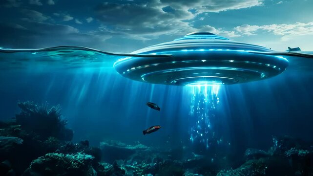 Alien UFO Underwater Base on Earth with Fish in Animated Scene