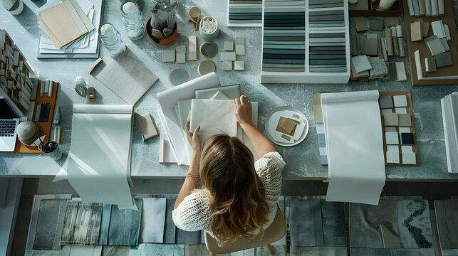 Overhead photo of woman interior designer at work