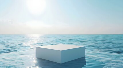 White cube podium floating above the ocean