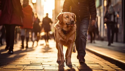A dog walks down a street with its owner.