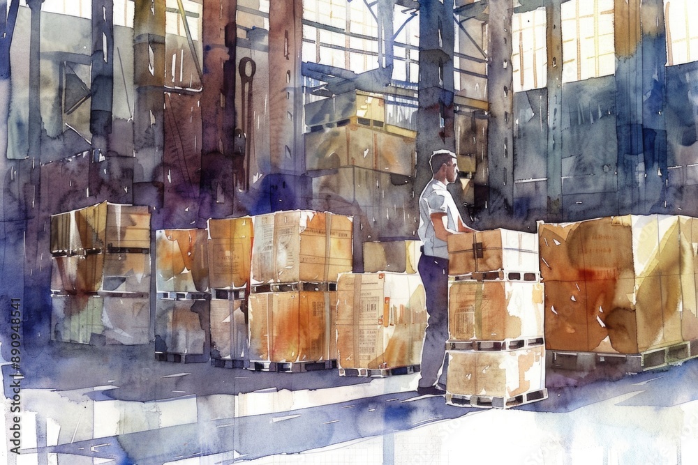 Aufkleber a man stands in a large warehouse, surrounded by crates and boxes