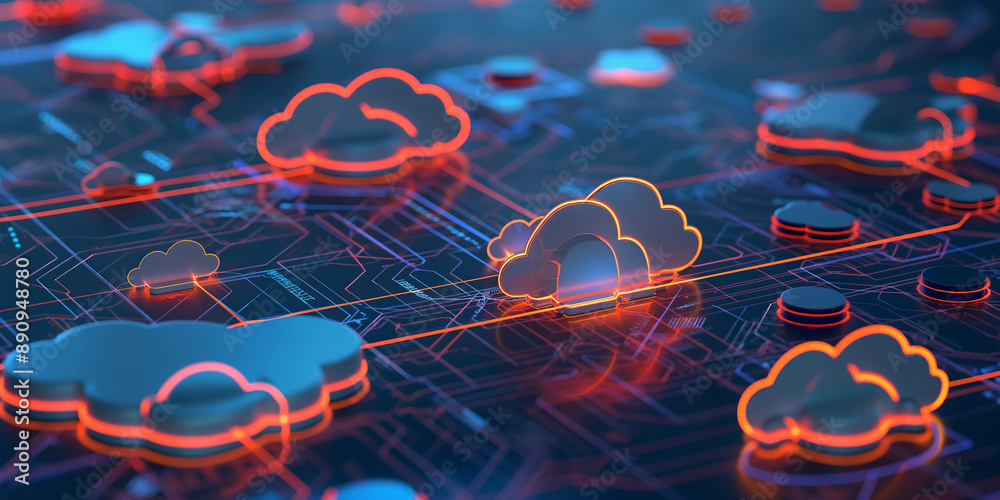 Poster Cloud computing concept with glowing clouds over circuit board