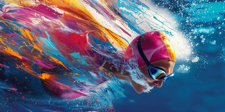 Professional swimmer swimming with colorful artistic paint concept
