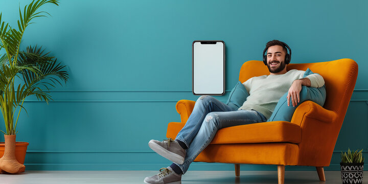 Young man relaxing on sofa listening to music with smartphone and headphones