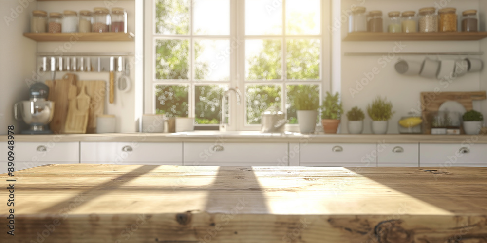 Aufkleber Empty wooden tabletop illuminating by sunlight from window in blurred modern kitchen background for product display