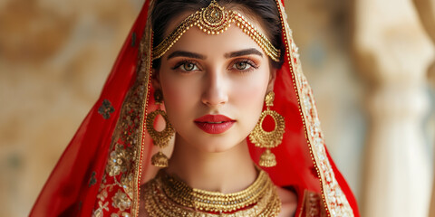 Beautiful indian woman wearing luxurious red sari and gold jewelry posing at wedding ceremony