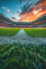 A soccer field with a beautiful sunset in the background, perfect for sports or outdoor-themed images