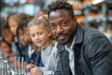 Obraz premium Smiling Man and Children in Science Museum