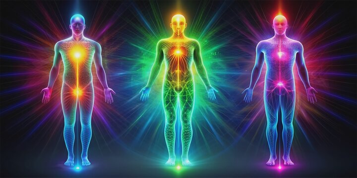 Ethereal neon aura surrounds a dark background, emitting soothing healing frequencies for body restoration, renewal, and rejuvenation through vibrant, pulsing colors.
