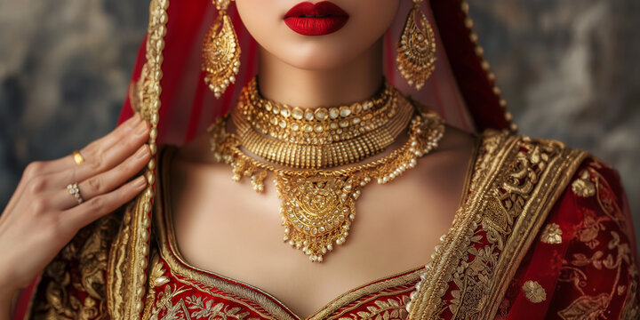Indian bride wearing traditional red and gold dress and jewelry