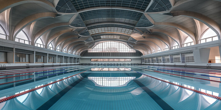 Empty indoor swimming pool reflecting modern architecture