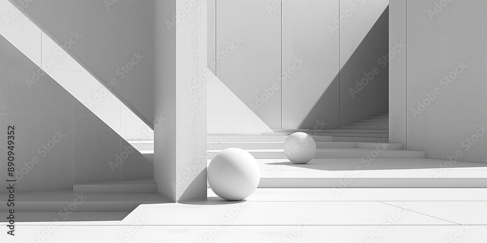 Aufkleber Sunlight casting shadows in minimal white modern architecture with spheres