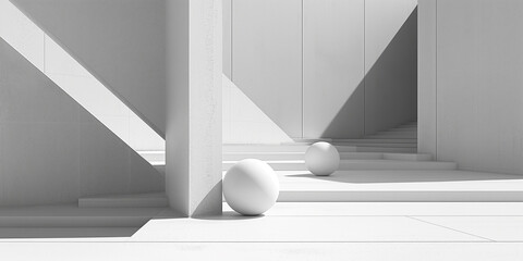 Sunlight casting shadows in minimal white modern architecture with spheres