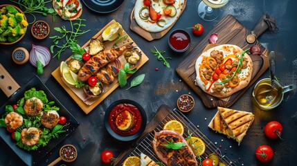 Variety of delicious Italian dishes on rustic wooden table.