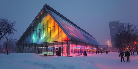 Modern building with rainbow neon lights illuminating snowy city park at night